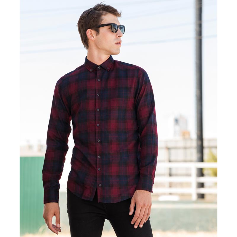 Brushed check casual shirt with button-down collar - Burgundy Check S